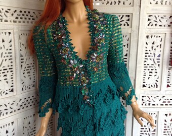 50%OFF SYROS silk handmade crochet green outfit embroidered women awesome art romantic special occasion OOAK  by golden yarn