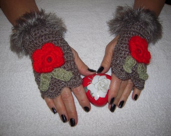 gloves handmade crochet romantic,girly gloves/fingerless in sparkle brown with roses/gift idea for her by golden yarn