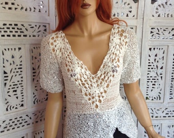 20% OFF top handmade knitted sequin white asymmetrical top,boho blouse, deep V neck top,sparkle top gift idea for her by golden yarn