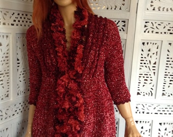 jacket red handmade crochet with faux fur scarf frill long jacket 3/4 sleeve V neckline unique sparkle velvet yarn by golden yarn