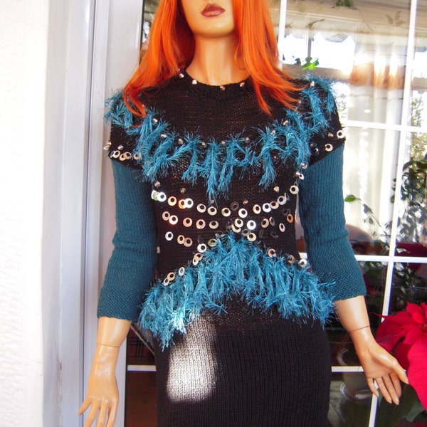 30%OFF andmade knitted sweater dress /embroidered dress in black and teal ready to ship gift idea for her size M by golden yarn