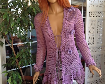 jacket beaded water lilies hand crochet sexy lilac net stitch lace bottom flattering women clothing OOAK ready to ship by goldenyarn