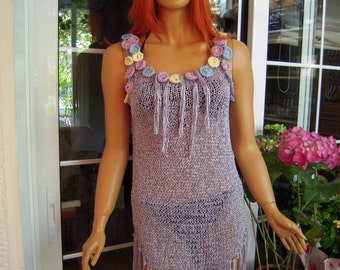 Hand Knitted Lilac Cotton Mini Dress: Beach Cover Up, Size M/L