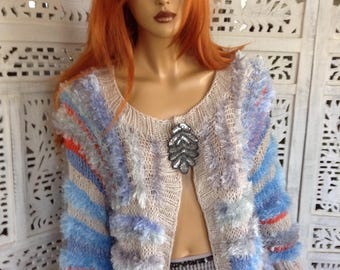 10% OFF jacket cardigan furry sweater in shades of blue,beige and orange last one handmade knitted  gift idea for her OOAK by golden yarn
