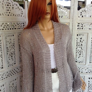 jacket grey sparkle soft cotton sequins extra long sleeve with slit delicate sweater size L gift idea for her by golden yarn image 1