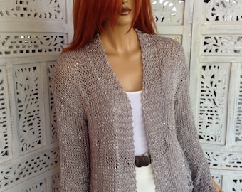 jacket grey sparkle soft cotton sequins extra long sleeve with slit delicate sweater size L gift idea for her by golden yarn