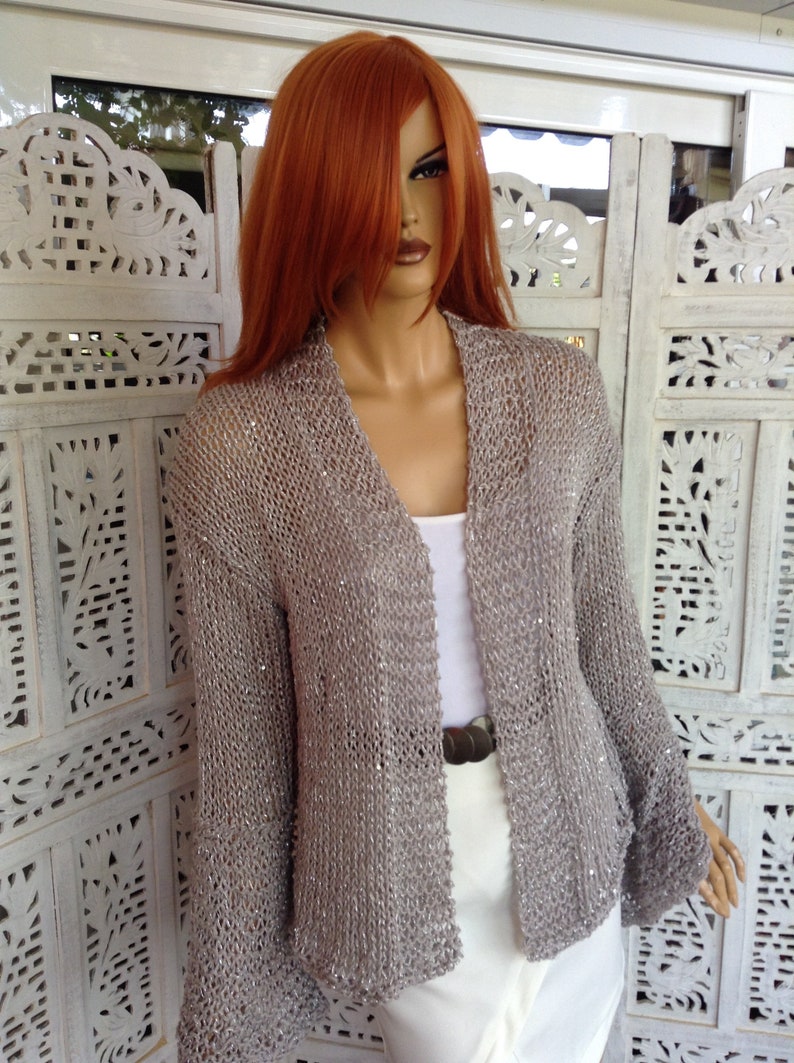 jacket grey sparkle soft cotton sequins extra long sleeve with slit delicate sweater size L gift idea for her by golden yarn image 1