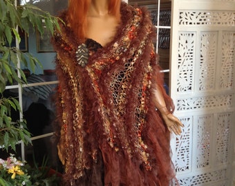 huge handmade knit scarf shawl skirt tattered organza tassels in chocolate brown sparkle rust luxurious accessories for women by goldenyarn