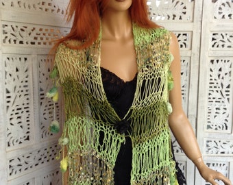 scarf hand knitted open weave boho  green scarf Stevie Nicks style shawl gift idea for her women accessories by golden yarn