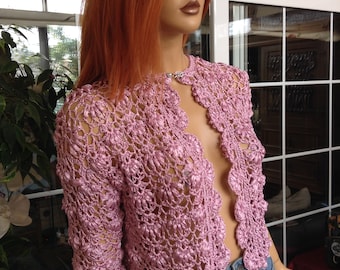 jacket pink hand crochet scallop lace satin yarn cropped short sleeves summer sweater luxury collection by golden yarn