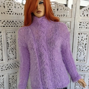 sweater hand knit lilac fluffy romantic soft warm winter jumper light purple high neck birthday gift by golden yarn