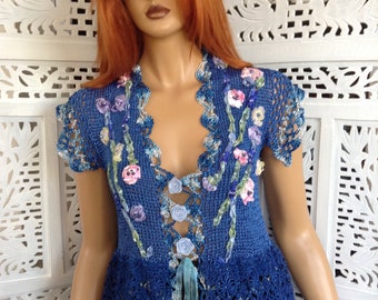 15%OFF top royal blue summer hand knitted crocheted silk viscose embroidered short sleeve guipure lace OOAK ready to ship by golden yarn