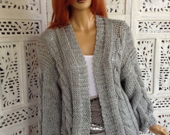 jacket oversized chunky knit handmade knit braids grey warm slouchy cardigan coat  wide sleeves by golden yarn