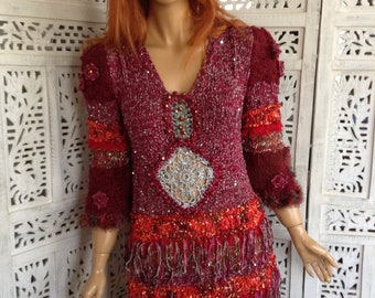 burgundy dress Hand knitted Boho Sequins, Fringe, Embroidered Women Knitwear,Gifts