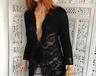 Hand Crochet Lace Black Silk Fringed Jacket, Luxury Knitwear, All Season Coat,Duster