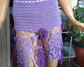 skirt mini lilac purple lace silk hand crochet etherial ready to ship by goldenyarn