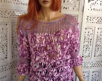 10% OFF sweater in deep purple ribbon yarn handmade knitted sparkle open knit sweater ready to ship last one in this shade by goldenyarn