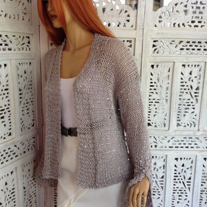 jacket grey sparkle soft cotton sequins extra long sleeve with slit delicate sweater size L gift idea for her by golden yarn image 4