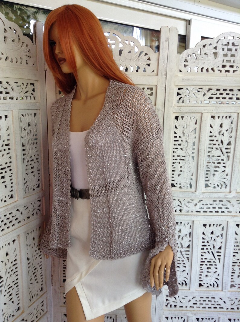 jacket grey sparkle soft cotton sequins extra long sleeve with slit delicate sweater size L gift idea for her by golden yarn image 4