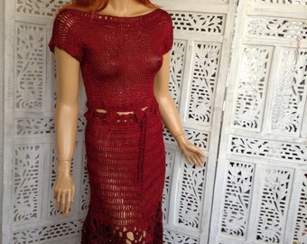 outfit set burgundy crop top skirt Hand Crochet Silk Blend Women Knitwear,Gifts