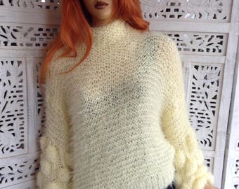 sweater loose furry oversized jumper soft mohair maxi bobble sleeves pale yellow lemon  beautiful warm winter gift idea by golden yarn