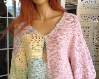 20% OFF jacket hand crochet rainbow color block puff sleeves cropped bolero in dreamy cotton sparkle spring ready to ship OOAK by goldenyarn