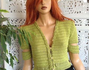 jacket light green cotton handmade crochet  short sleeve with split girly cropped bolero last one in this shade women knits by goldenyarn