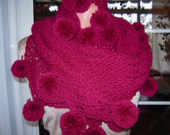 Infinity scarf handmade knitted circle cowl in ruspberry with pompoms gift idea for her Valentine's day gift ready to ship by golden yarn