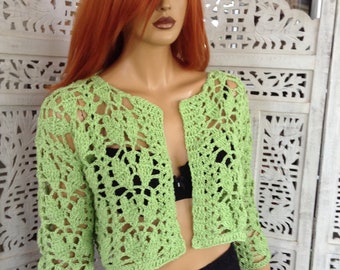 jacket bolero handmade crochet cropped neon cotton and lurex green lace little jacket spring summer cover up romantic OOAK by golden yarn