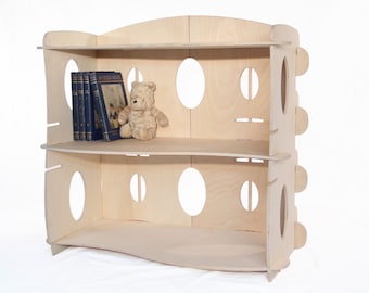 Natural Wooden Bookcase, Kid’s Organic Furniture, Handcrafted Children’s Furniture, Handmade Scalloped Puzzle Bookshelf