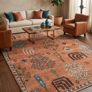 Hand-Knotted Modern Oushak Rug | Earthy Rust & Terracotta Tree of Life Wool Carpet | Premium Artisan Transitional Statement Area Rug