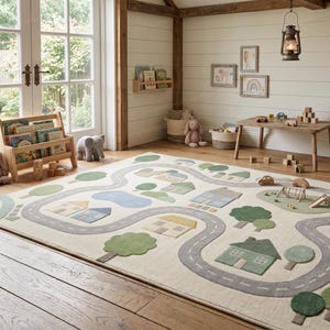 May include: A rectangular area rug featuring a light cream background with a printed road network, green trees, and various house illustrations in muted tones of blue, yellow, and green, designed for floor placement in a room.