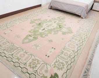 Hand-Tufted Pastel Art Deco Rug | Soft Pink & Sage Green Oushak-Inspired Wool Carpet | Large Artisan Floral Medallion Area Rug