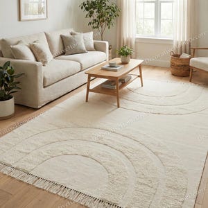 Handwoven Ivory Arched Shag Rug | Modern Geometric High-Low Tufted Carpet | Bohemian Minimalist Cream Area Rug