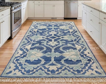 Alfombra Oushak anudada a mano en tono verde azulado suave - Alfombra tradicional de lana con estampado floral - Alfombra de estilo persa Bhadohi tradicional para una sala de estar elegante