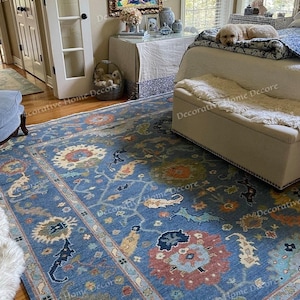 Hand Knotted Blue Oushak Rug | Turkish Wool Oriental Carpet | Multicolor Floral Area Rug