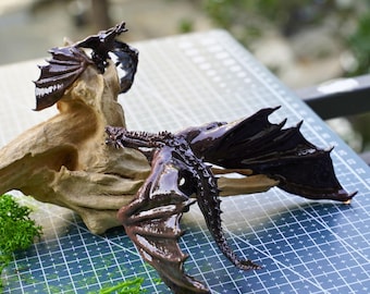 Hand Painted Dragon Figurine | 3D Model Fantasy Dragon Statue on Rock | Dark Brown Dragon Decor | Gift for Fantasy Lovers, Desk Ornament