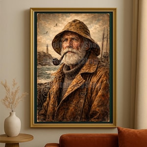 May include: A framed vintage-style print depicts an older man with a white beard and a pipe, wearing a brown hat and coat. The background shows a lighthouse, ocean, and a cloudy sky, evoking a nautical theme.