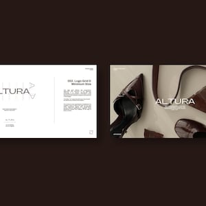 以下が含まれることがあります： ミニマリストデザインのブランド名「ALTURA」をフィーチャーしたプロモーション画像。画像には、濃い茶色の革靴、革ストラップ、革の破片が含まれています。背景は明るいベージュ色です。