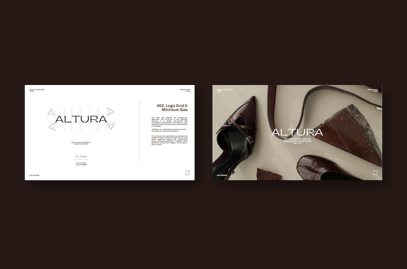 以下が含まれることがあります： ミニマリストデザインのブランド名「ALTURA」をフィーチャーしたプロモーション画像。画像には、濃い茶色の革靴、革ストラップ、革の破片が含まれています。背景は明るいベージュ色です。
