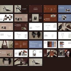 以下が含まれることがあります： 「ALTURA」の文字と、ハイヒール、ハンドバッグ、アクセサリーの画像が掲載されたスライドのコレクション。スライドは、茶色、ベージュ、白の背景を使用したニュートラルなカラーパレットです。一部のスライドにはテキストと製品写真が含まれています。