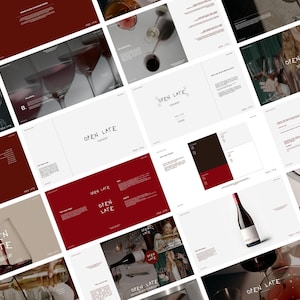 Pode incluir: Uma coleção de materiais de marketing para uma marca chamada Open Late, apresentando garrafas de vinho, taças e vinho tinto sendo servido. O design usa uma paleta de cores vermelho profundo, branco e preto, com o texto Open Late exibido.
