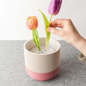 Könnte beinhalten: Eine zweifarbige, zylindrische Vase mit einem strukturierten, gerippten oberen Teil und einem rosa Sockel. Zwei Tulpen, eine orangefarbene und eine violette, sind in der Vase angeordnet. Die Vase hat einen weißen Blumenfrosch. Das Bild ist vor einem neutralen Hintergrund.