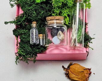 Curiosity Boxes: antlers, rose quartz, buffalo, porcupine, rabbit, black tourmaline, opalite. Witchy AF. Reiki-Infused.