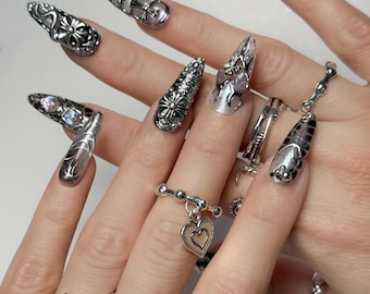 Chroom 3D-metaalpers op nagels, zilver gebeeldhouwde nagels, gotische charme nagels, lange kist, luxe handgemaakte spijkerdoos, aangepast formaat