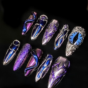 Galaxy Chrome 3D Press On Nails, Purple Blue Metal Nails, Long Almond Sculpted Nails, Custom Nails Box