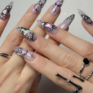 3D Chrome Molten Metal Press On Nails • Purple Aura Stiletto, Reusable