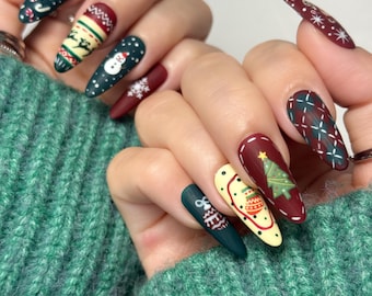 Unhas Postiças Natalinas Pintadas à Mão | Conjunto de Unhas de Gel para as Festas
