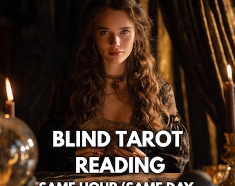 May include: A woman with long, wavy brown hair holds tarot cards, with the text "BLIND TAROT READING SAME HOUR/SAME DAY" in white. The image has a mystical theme, with candles and a crystal ball visible.