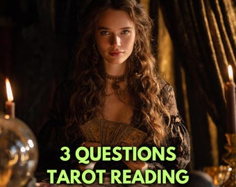 May include: A woman with long, wavy brown hair holds tarot cards, with text that reads "3 Questions Tarot Reading Same Hour/Same Day." The image has a top seller badge and a 5-star rating.